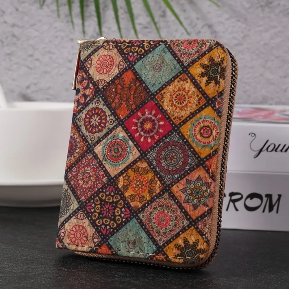 Boho Cork Mini Wallet Floral Coin Purse Card Holder Zipper Vegan Travel
